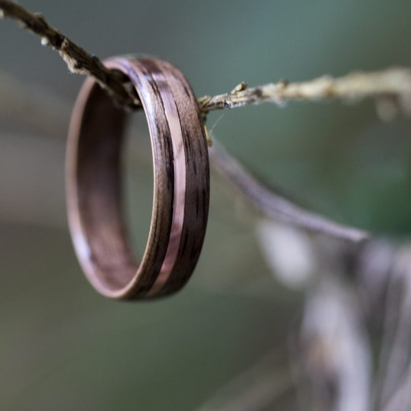 Walnut wooden ring inlaid with copper