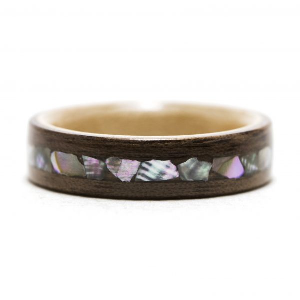 Walnut wooden ring inner lined with maple and inlaid with abalone shell