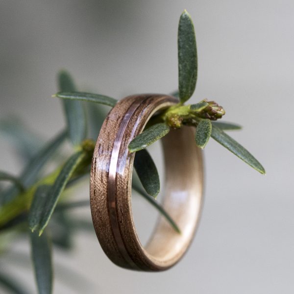 Walnut wooden ring inner lined with maple and inlaid with copper