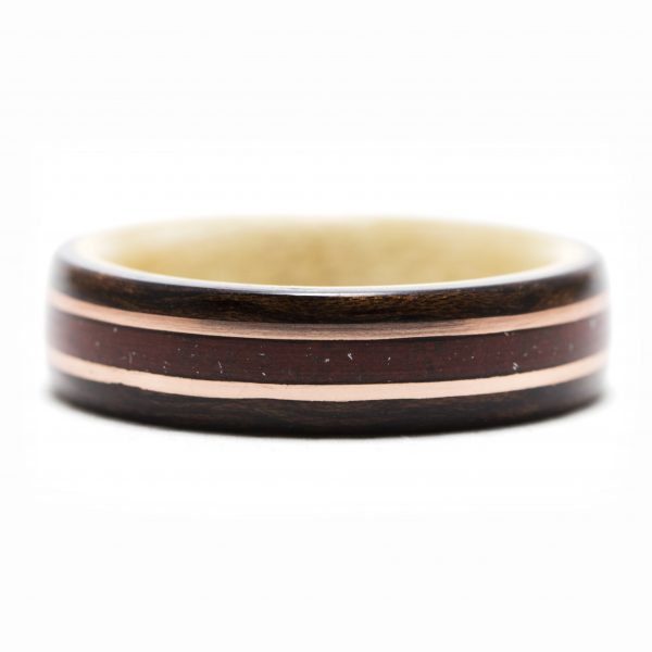 Rosewood Ring Lined With Maple Wood And Inlaid With Red Jasper And Copper