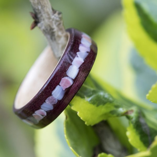 Purpleheart Wood Ring Inner Lined With Maple And Apple Blossom Shell Inlay