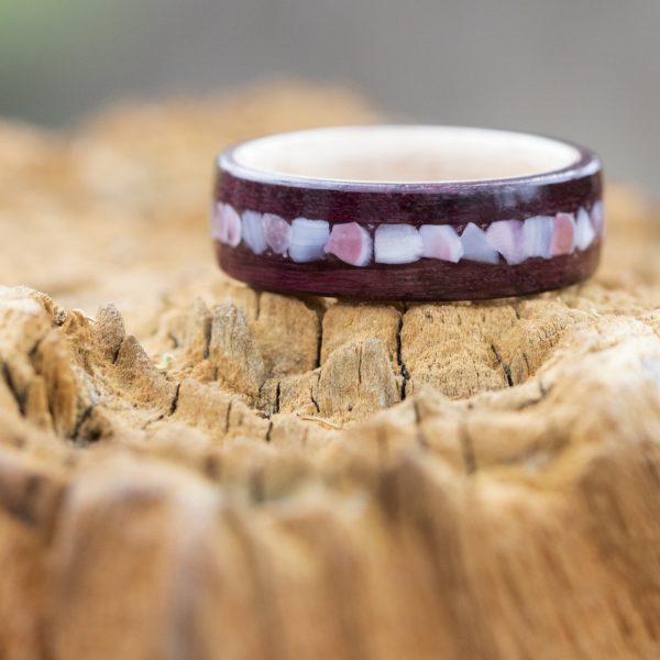 Purpleheart Wood Ring Inner Lined With Maple And Apple Blossom Shell Inlay