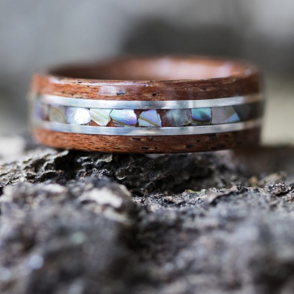 mahogany wooden ring with silver and abalone shell inlay
