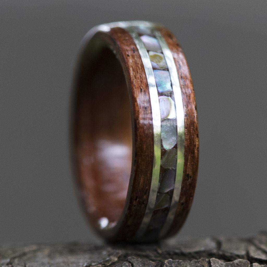 Mahogany Wood Ring With Silver And Abalone Shell Inlay - Warren Rings