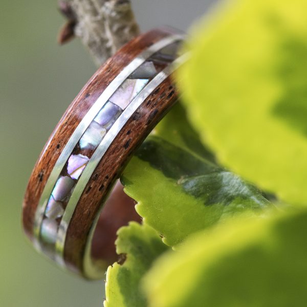mahogany wooden ring with silver and abalone shell inlay