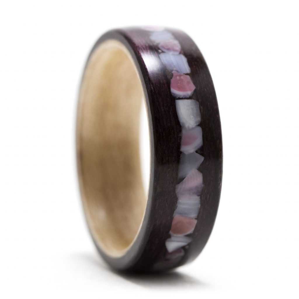 Purpleheart Wood Ring Lined With Maple And Apple Blossom Shell Inlay -  Warren Rings