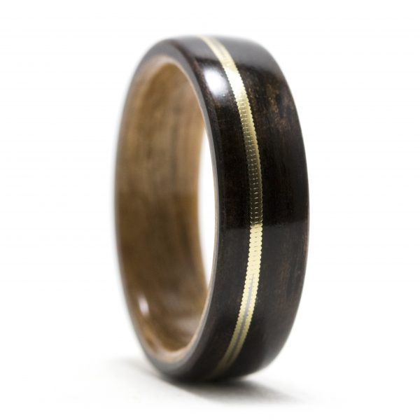 Ebony wood ring inner lined with cherry and inlaid with a guitar string