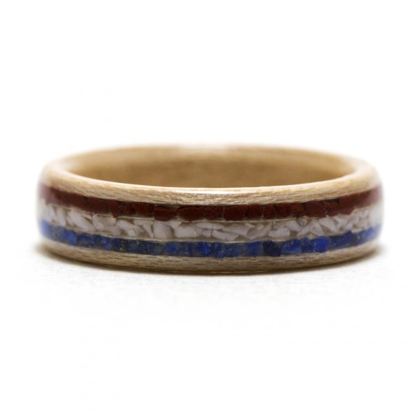 Maple wooden ring with red jasper, howlite, and lapis lazuli inlay