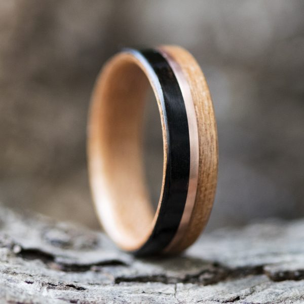 Cherry and ebony wood ring inner lined with cherry and copper inlay
