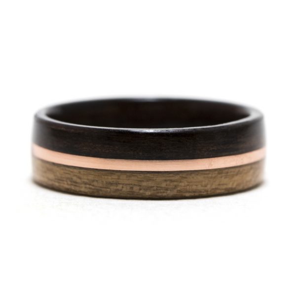 Ebony and cherry wooden ring lined ebony and inlaid with copper
