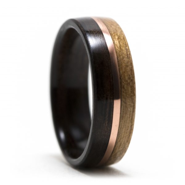 Ebony and cherry wood ring inner lined with ebony and copper inlay