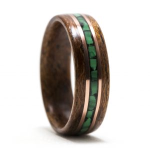 Mahogany Wood Ring With Malachite And Copper Inlay – Size 9