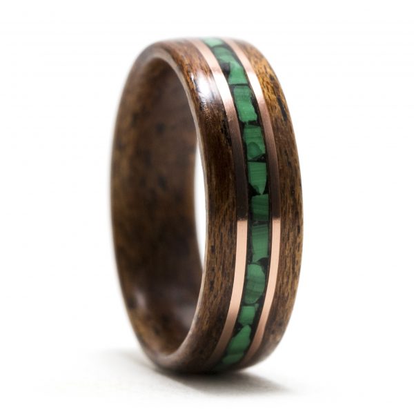 Mahogany wood ring with malachite and copper inlay
