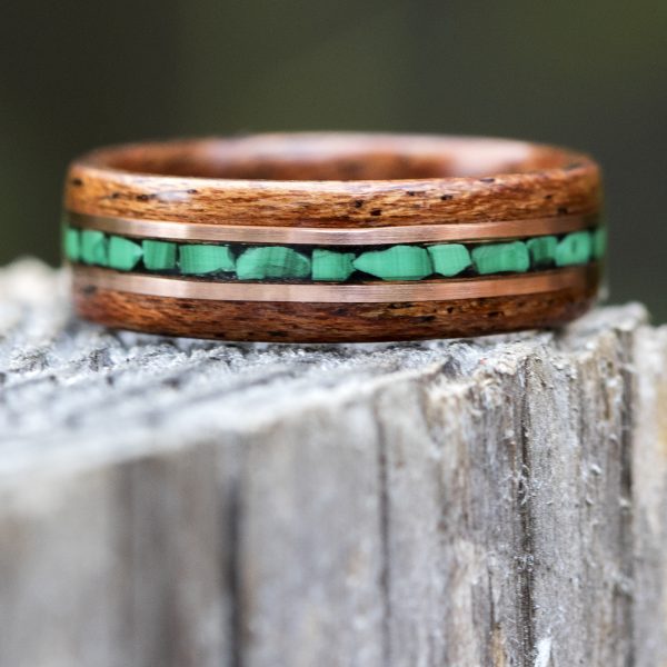Mahogany wood ring with malachite and copper inlay