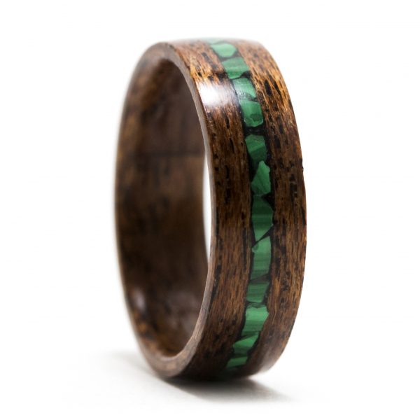 Mahogany wood ring with malachite inlay