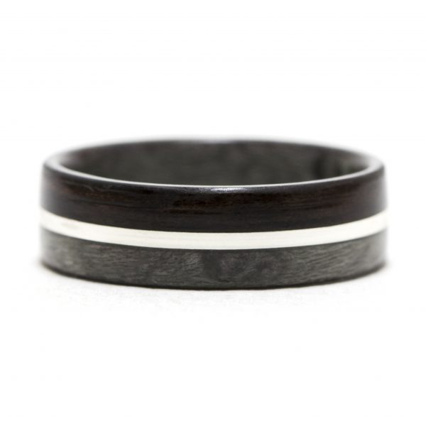 Gray maple birdseye and ebony wooden ring lined gray maple and inlaid with silver