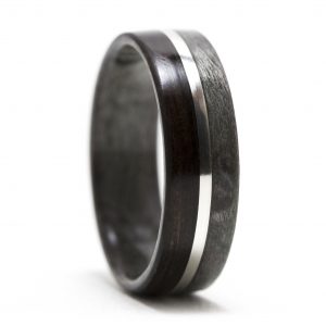 Maple Birdseye Dyed Gray And Ebony Wood Ring Lined With Gray Maple And Silver Inlay