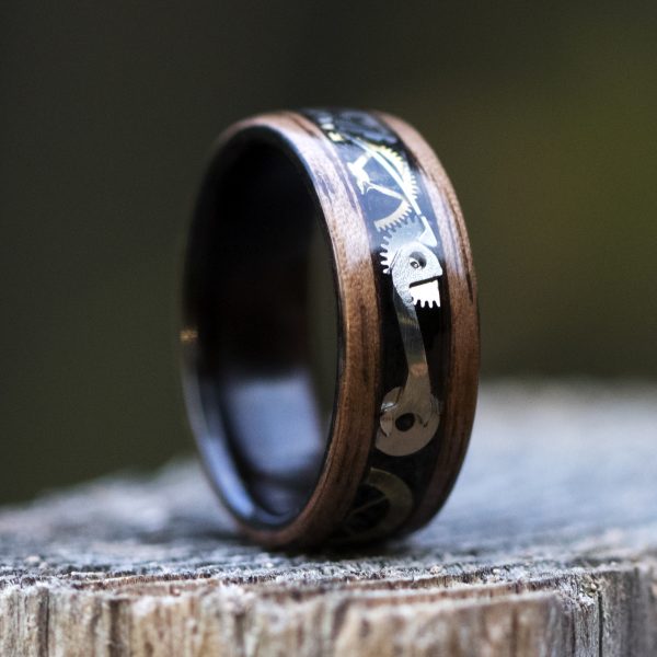 Wood ring using watch parts