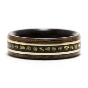 Walnut Wood Ring Lined With Ebony Inlaid With Gold Nuggets And Gold Filled Wire