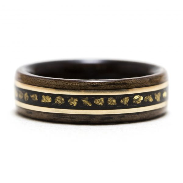 Walnut wooden ring lined ebony inlaid with gold nuggets and gold filled wire