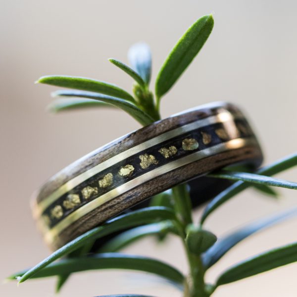 Walnut wood ring lined ebony with gold nuggets and gold filled wire inlay
