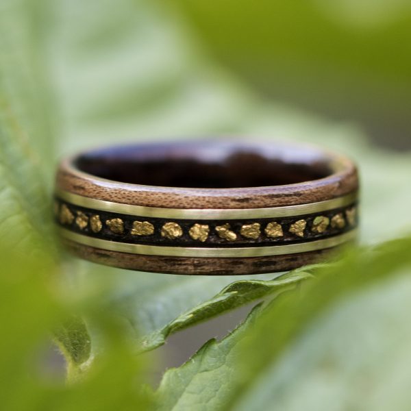 Walnut wood ring lined ebony with gold nuggets and gold filled wire inlay