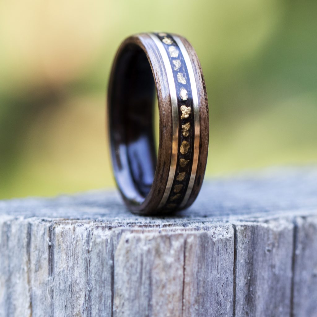 Walnut Wood Ring Lined With Ebony Inlaid With Gold Nuggets And Gold ...