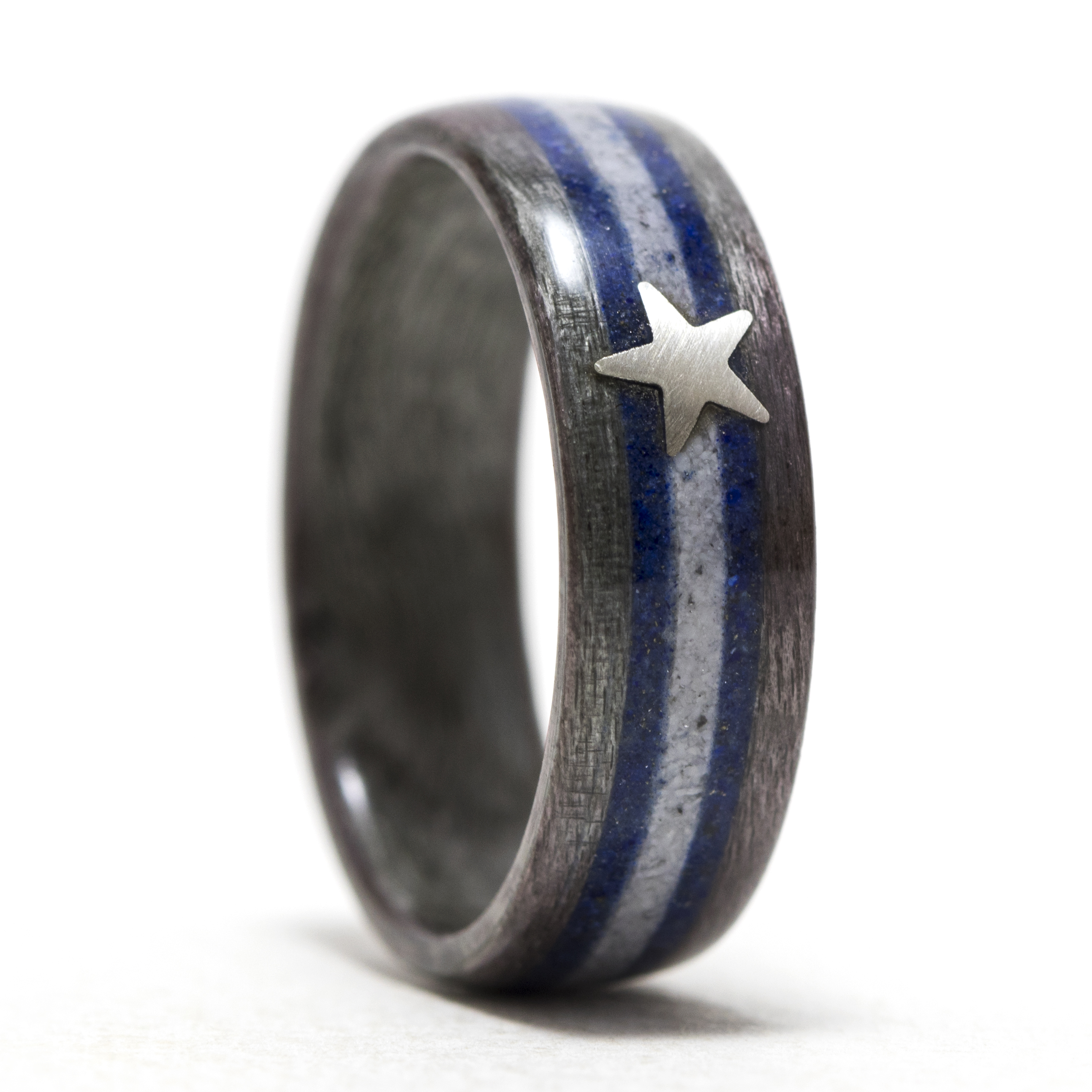 Dallas Cowboys Ring - Gray Birdseye Maple Inlaid With Lapis Lazuli,  Howlite, And Silver Star - Warren Rings