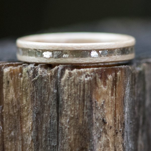 Maple wooden ring inlaid with silver glass