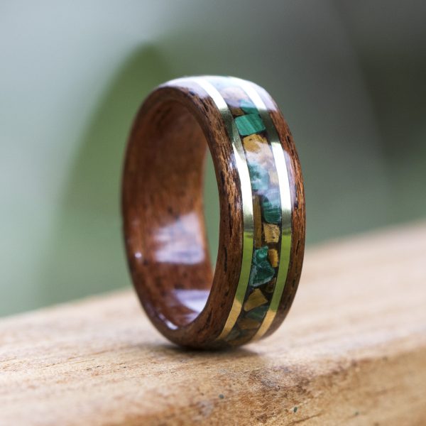 Mahogany bentwood ring inlaid with malachite, tigers eye, and yellow brass