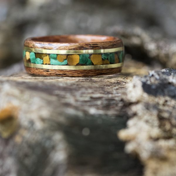 Mahogany wood ring with malachite, tigers eye, and yellow brass inlay