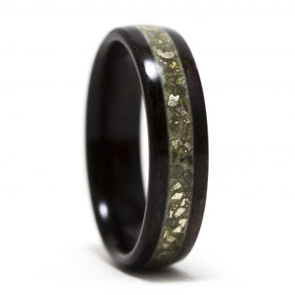 Ebony wood ring inlaid with gold glass and green glow powder