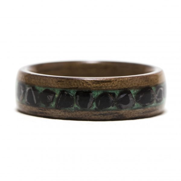 Walnut wood ring with malachite and obsidian inlay
