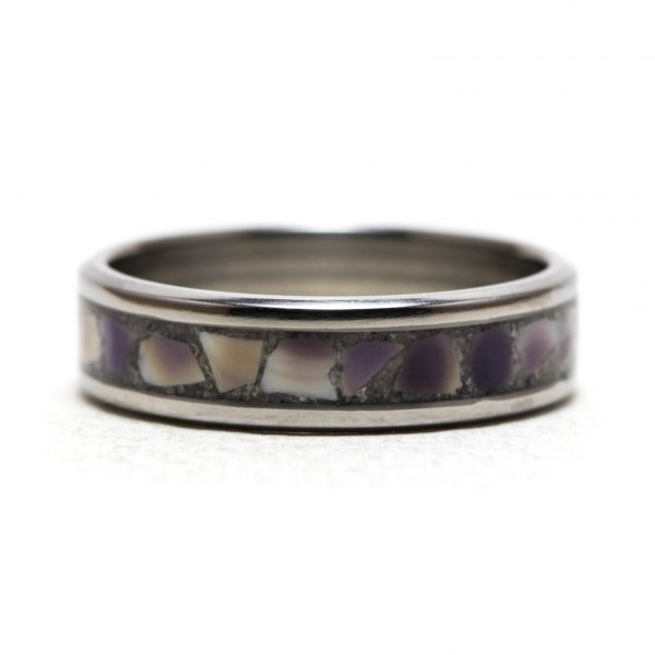 Titanium Ring Inlaid With Purple Clam Shell And Sand