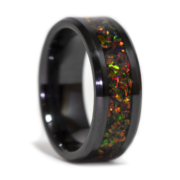 Black Ceramic Ring with Dark Matter Opal Inlay