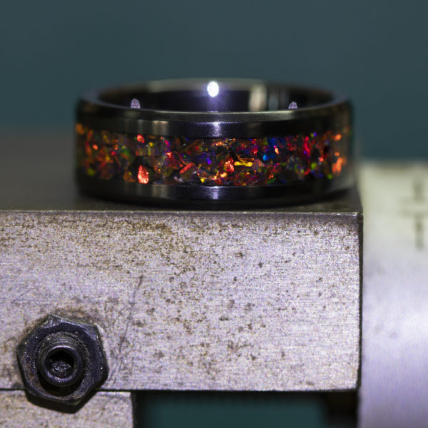 Black Ceramic Ring Inlaid With Opal (Dark Matter)