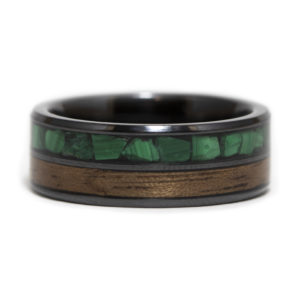 Black Ceramic Ring With Malachite Stone And Walnut Wood Inlays