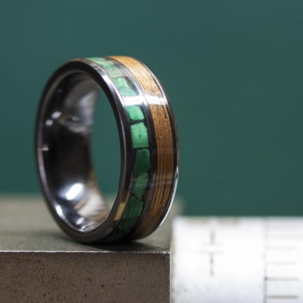 Black Ceramic Ring Inlaid With Malachite Stone and Walnut Wood