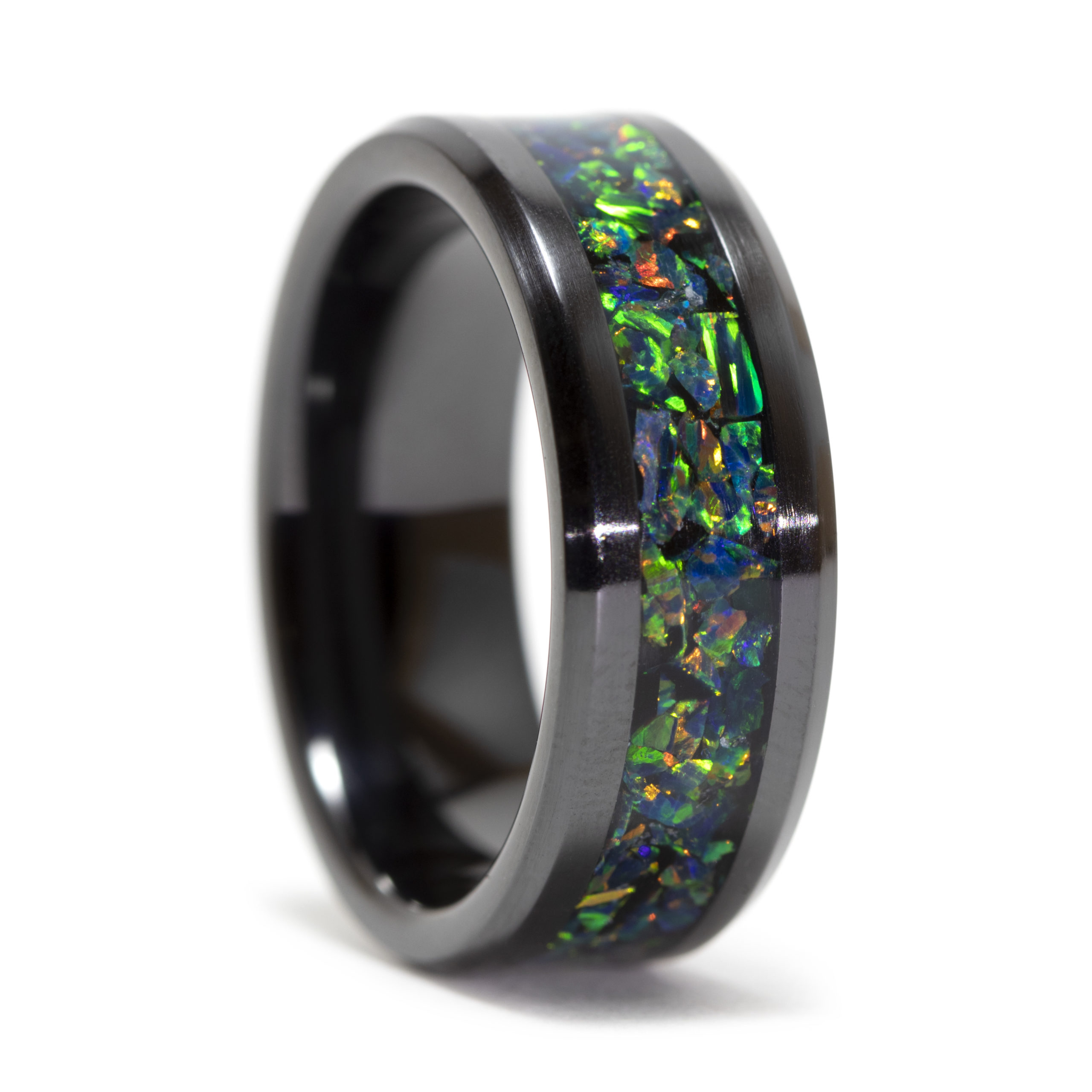 Black Ceramic Ring Inlaid With Alien Blood Stone Opal