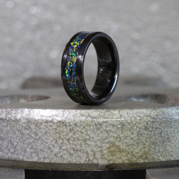 Black Ceramic Ring With Alien Blood Stone Opal Inlay