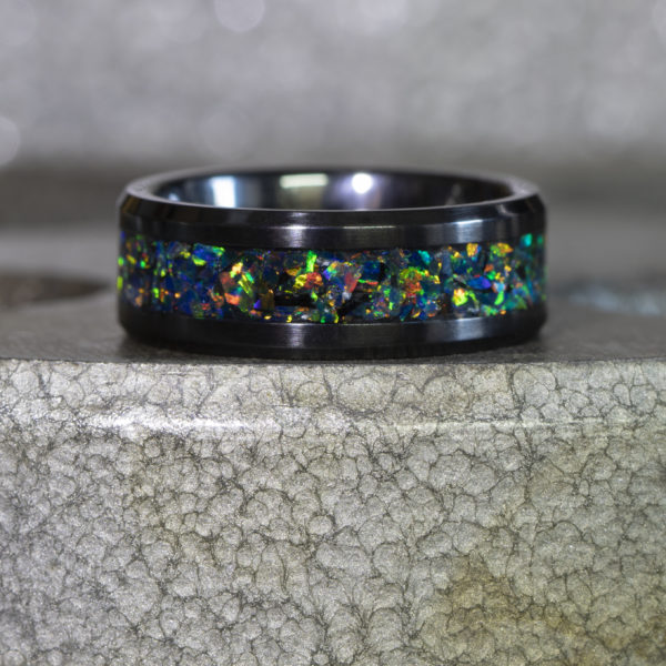 Black Ceramic Ring Inlaid With Alien Blood Stone Opal