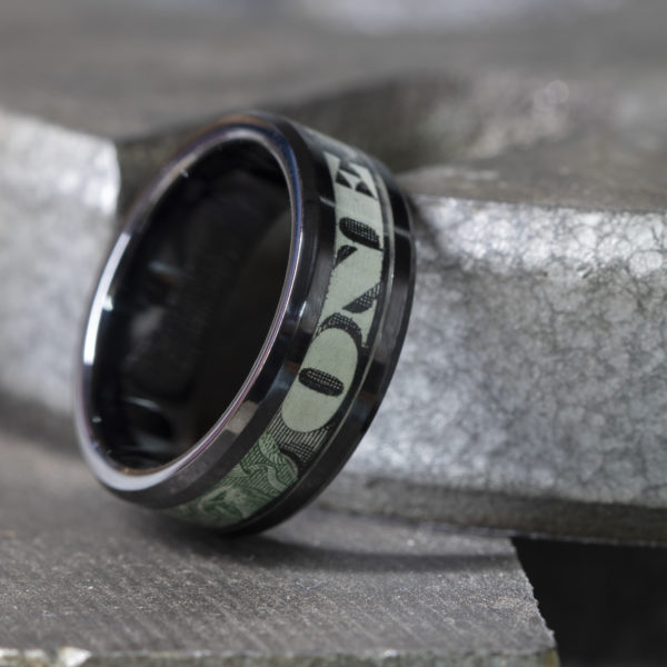 Black ceramic ring with dollar bill inlay