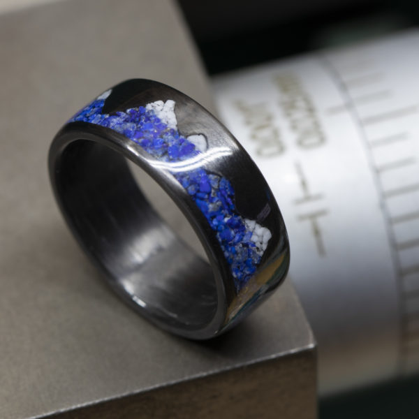 Carbon Fiber Ring Inlaid With Lapis Lazuli And Howlite Stones (Mountain Range Design)
