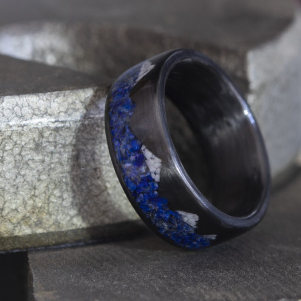 Carbon Fiber Ring With Lapis Lazuli And Howlite Stone Inlay (Mountains Design)