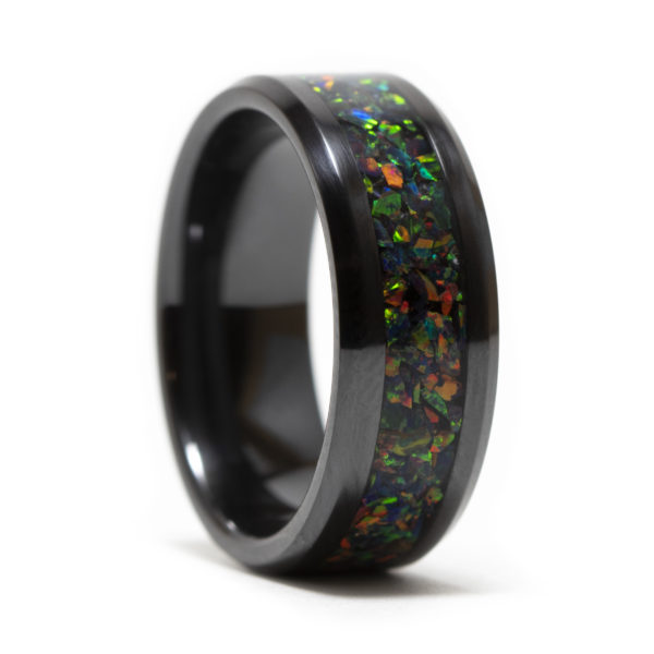 Black Ceramic Ring Inlaid With Black Fire Opal