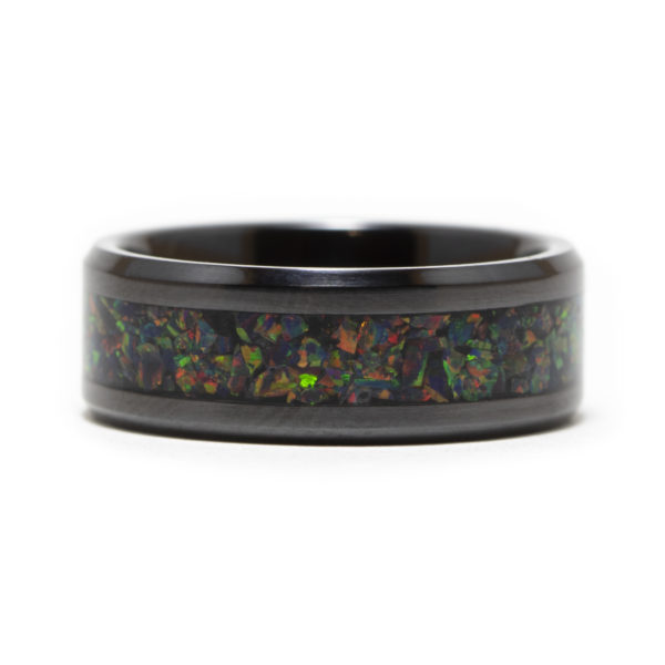 Black Ceramic Ring With Black Fire Opal Inlay
