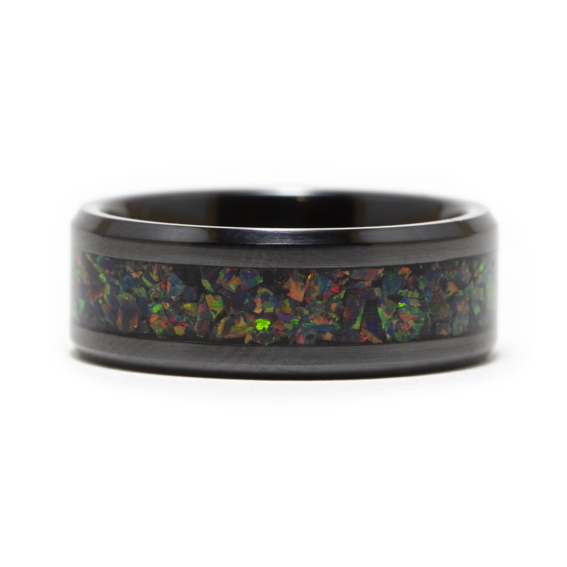 Black Ceramic Ring With “Black Fire” Opal Inlay