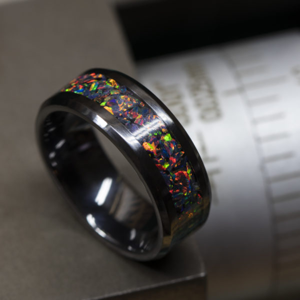 Black Ceramic Ring Inlaid With Black Fire Opal